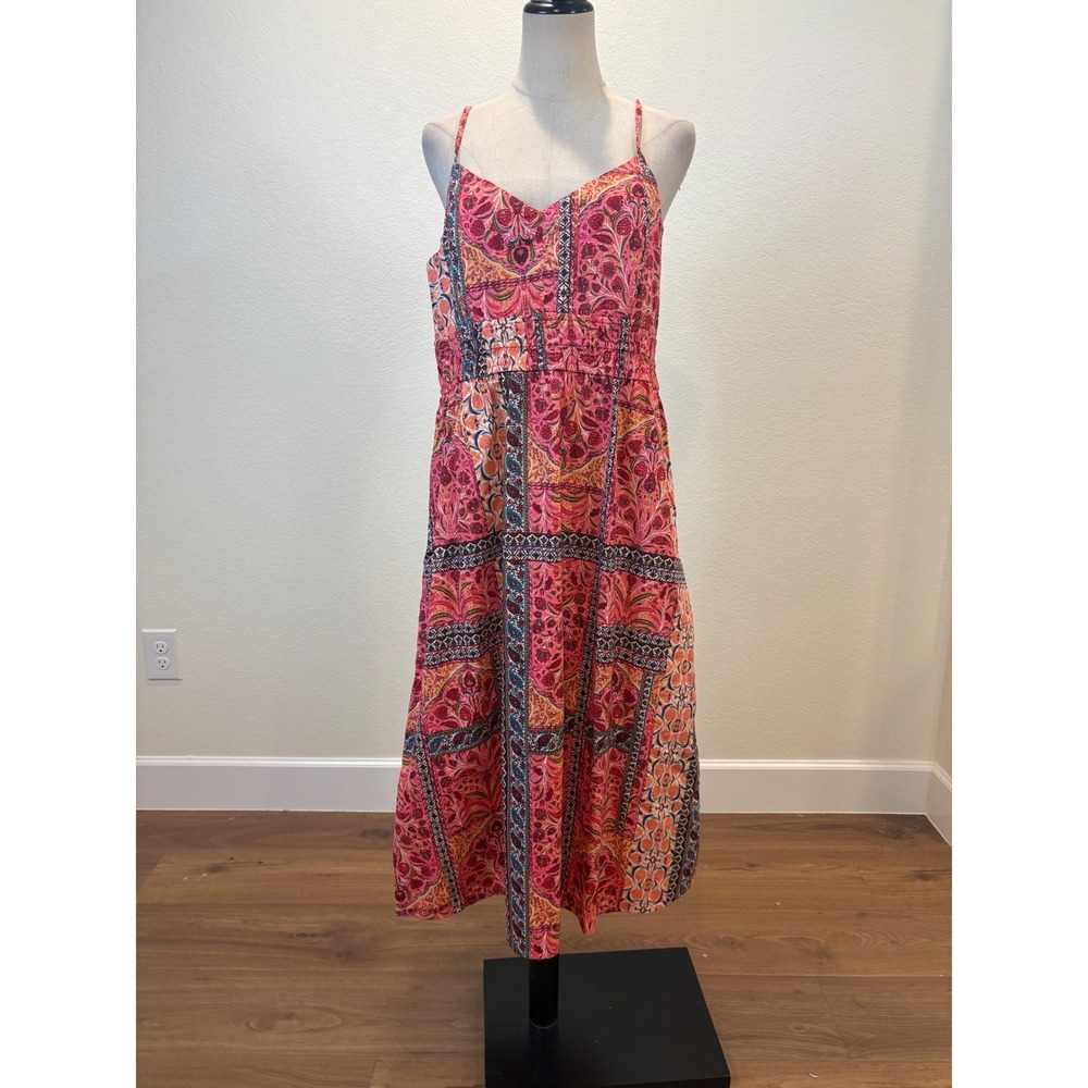 Old Navy Midi Dress Women Large Pink Cotton Paisley Patchwork Pockets Boho Folk